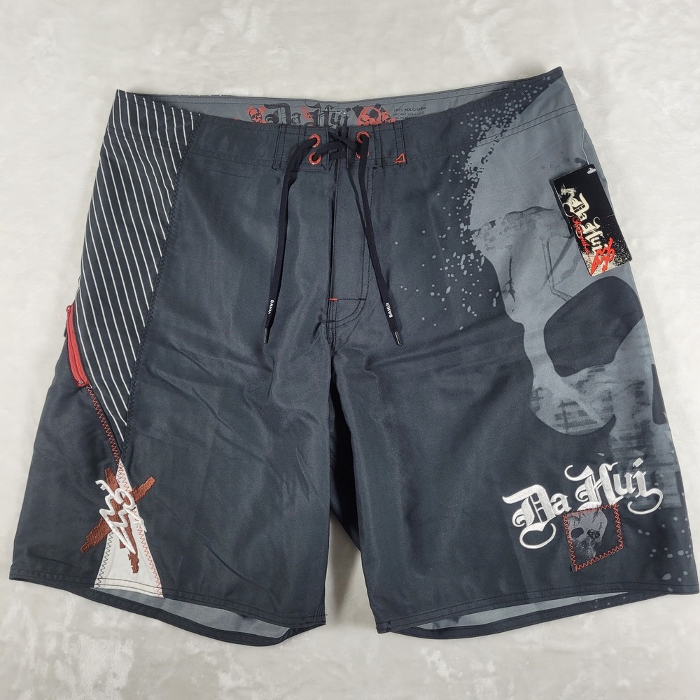 Da Hui Board Shorts Men's 40 Black Swim Trunks‎ Beach Pool Hawaiian Skull NWT